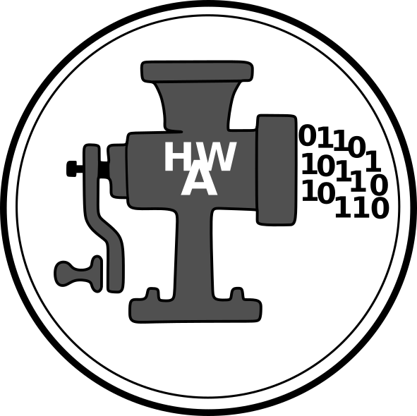 Das Logo des Hackwerk e.V. aus Aalen. Zu sehen ist der "Bytewolf", ein Fleischwolf, aus dem Einsen und Nullen fallen. In der Mitte des Bytewolfs sind die Buchstaben "HWA" abgebildet. Unter dem Bytewolf steht "HACKWERK AALEN".